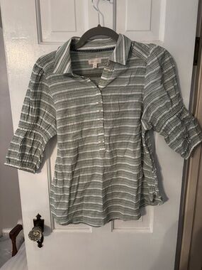 Pilcro Sage and White Striped Cotton Button Pullover